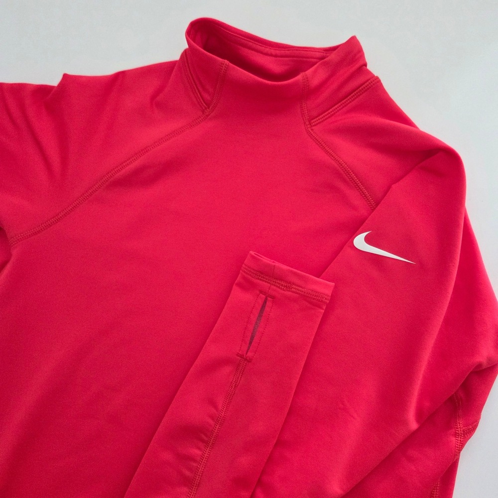 Nike Pro Mock Neck Top Red Dri-FIT Thumbhole Long Sleeve Womens Medium